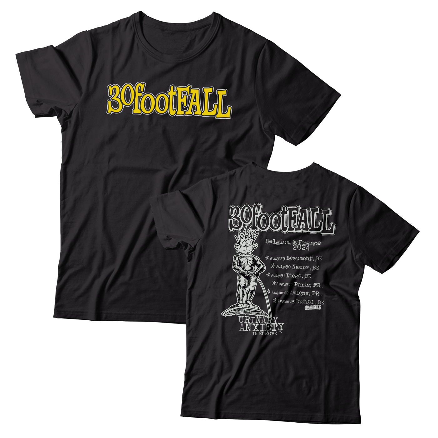 30footFALL - "Urinary Anxiety In Europe 2024" (Black) (T-Shirt)